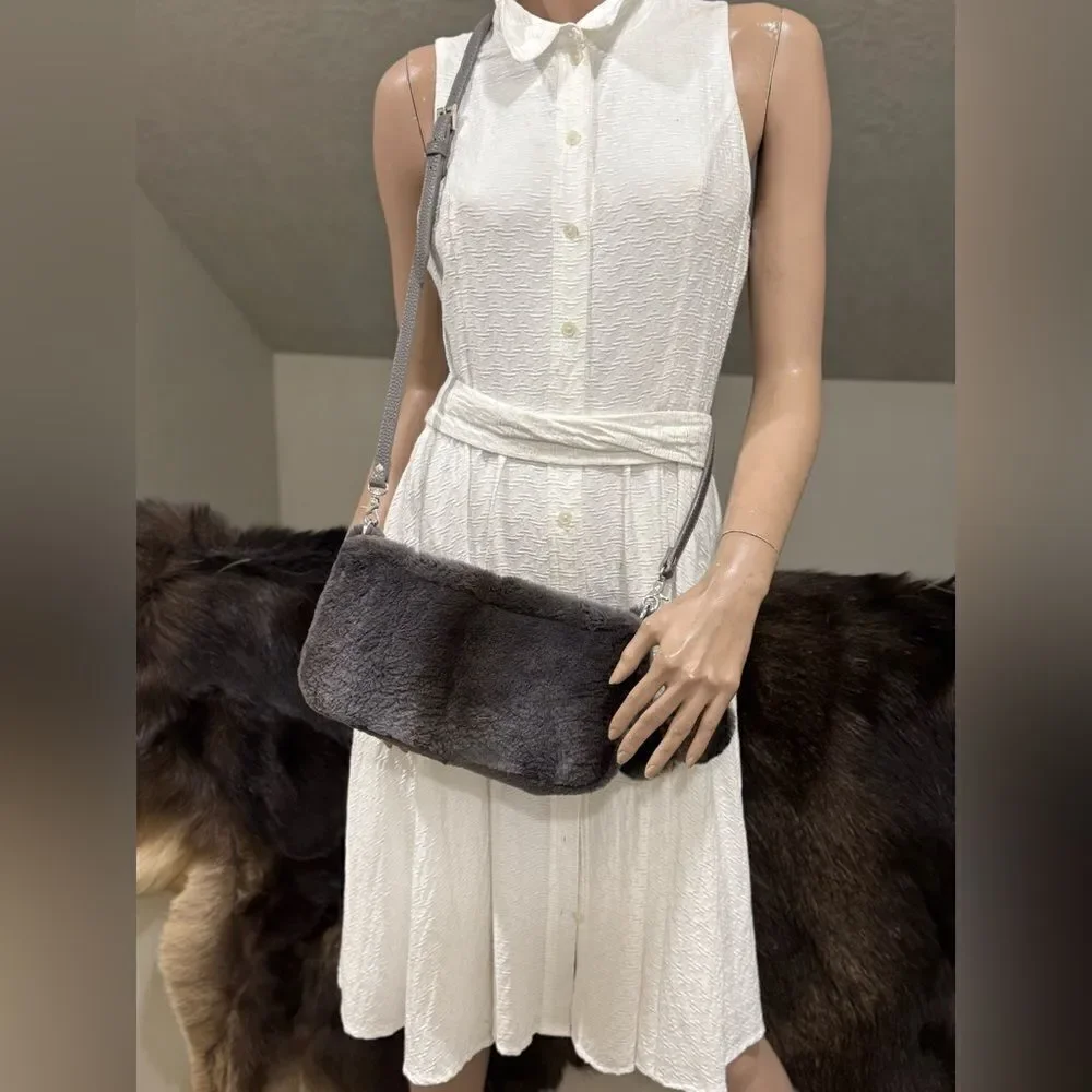 Gray Real Sheared Beaver Fur Handmade Double Zip Pillow Shoulder Bag/ Crossbody